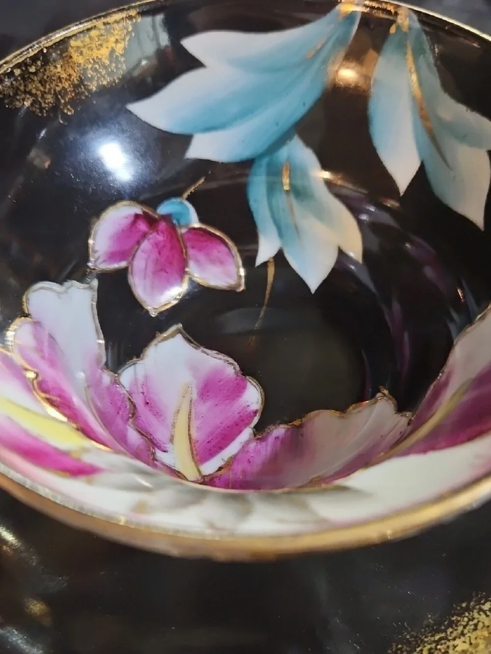 Porcelain Black Colorful Water Lily and Orchid Lustreware Teacup and Saucer